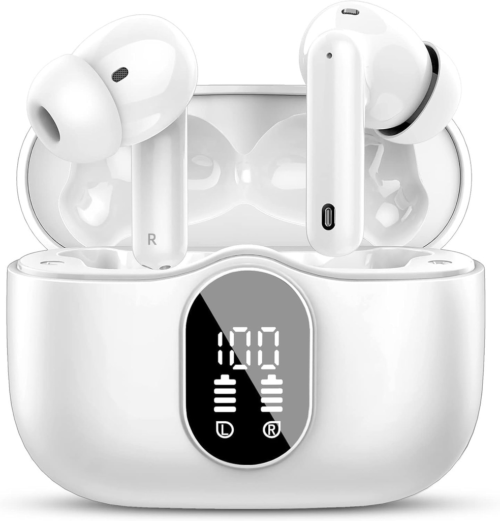 Btootosの無線Earbuds Bluetooth 5.4のヘッドホーンはイヤホーンIP7の騒音の取り消しのMic LED表示が付いているステレオの耳芽を基づかせていましたりラップトップのパッドの電話のための36Hのプレータイムを防水しますスポーツのワークアウトの白