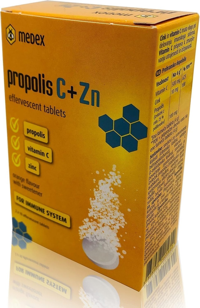 MEDEX Natural Bee Propolis Tablets - Vitamin C with Zinc Effervescent Tablets for The Maintenance of Immune Support Extra Defence Supplement – 20 Tablets - 80 gm