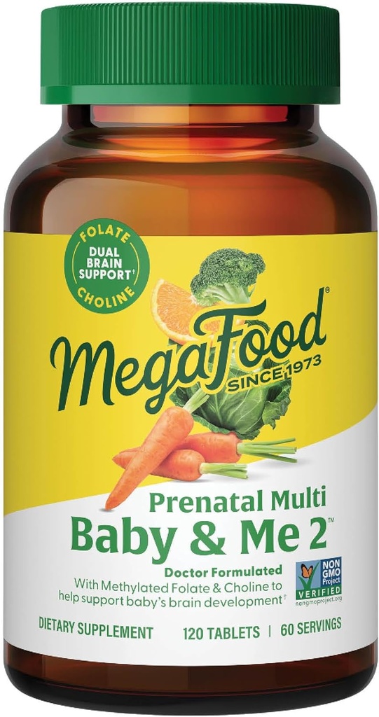 MegaFood Baby & Me 2 Prenatal Vitamin and Minerals - 女性のためのビタミン - Folate(葉酸ナチュラルフォーム)、Choline、鉄、イオジン、ビタミンC、ビタミンDなど - 120タブ(60のサービング)
