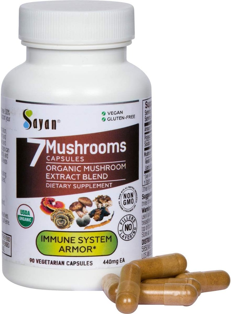 Sayan 7 キノコ抽出物 90 カプセル/440 mg ea – 免疫サポート & エネルギー – オーガニック チャガ, Reishi, Lion's Mane, Maitake, Shiitake, Turkey Tail Adaptogen Blend – ビーガン, Non-GMO, いいえフィラーや添加剤なし