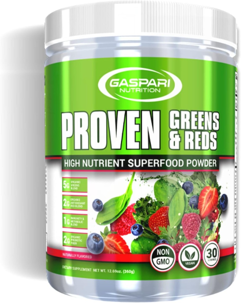 Gaspari Nutrition Greens and Reds: Organic Superfood Powder, Immune Support, Probiotics and Fiber, Vegan and Non-GMO (30 Servings, Natural Fruity)