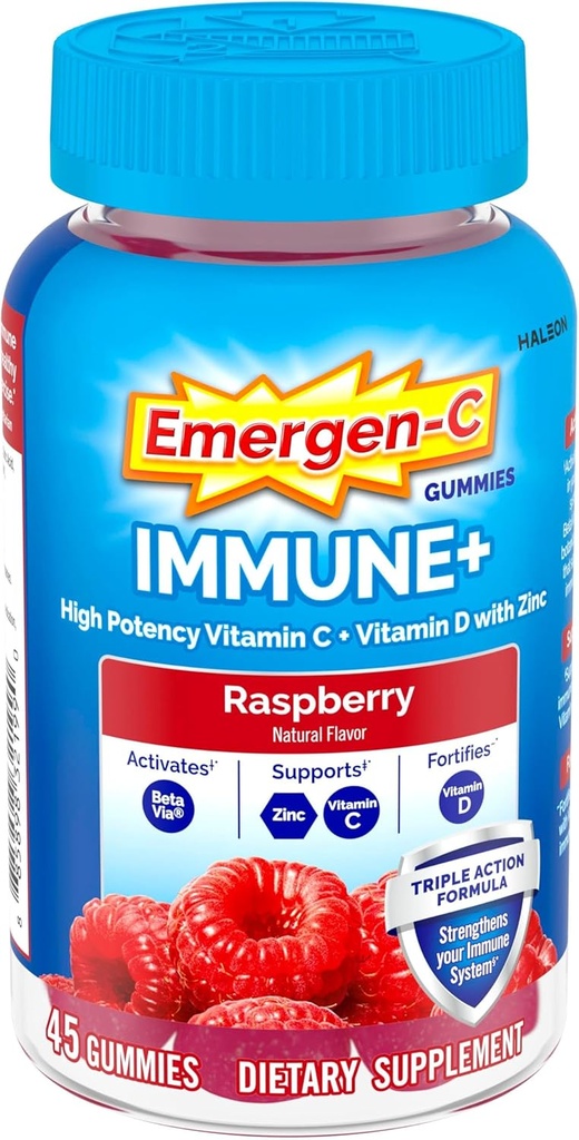 Emergen-C Immune+トリプルアクション免疫サポートガミー、BetaVia(R)、1000mgビタミンC、ビタミンB、ビタミンD、抗酸化剤、ラズベリー、学校に戻ってエッセンシャル - 45カウント