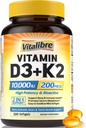 Vitamin D3 K2 Supplement, 10000 IU D3 / 200 mcg K2 MK7, Calcium Absorption, Bone, Heart, Immune & Mood Support, Enhanced Absorption, No Soy, Easy to Swallow, 300 Softgels