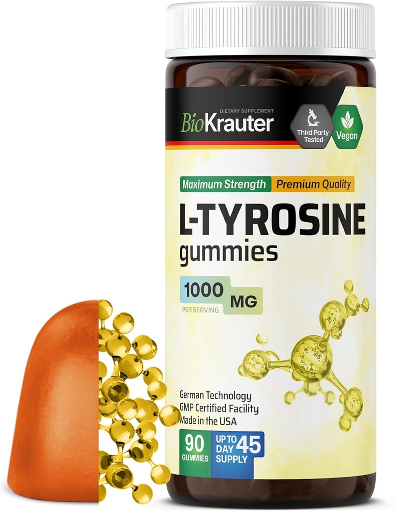 BIO KRAUTER L Tyrosine サプリメント グミ - 1000 mg 強度 - 90 ビーガン咀嚼 - 気分と認知サポート - L-チロシン グミ - Pectin ベースのフォーミュラ