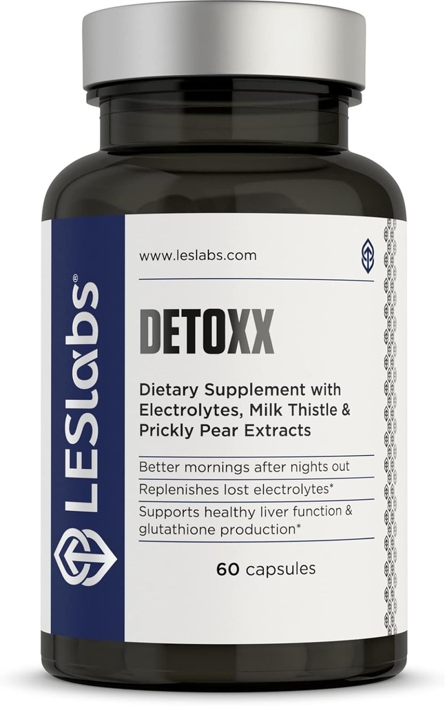 LES Labs DeToxx – Better Mornings & Recovery, Liver Support, Electrolyte Replenishment & Glutathione Support – Prickly Pear, Milk Thistle & NAC – Non-GMO Supplement – 60 Capsules
