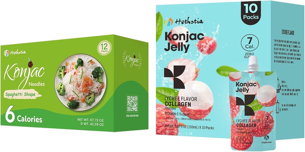 Hethstia Konjac Jelly Lychee Flavor with Collagen Peptides 10 Packs and Konjac Spaghetti Gluten Free 12 Packs Low Calorie, Keto, Sugar Free, Healthy Food