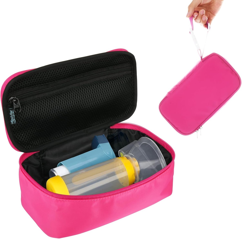 携帯用噴霧器、子供および大人のための吸入器のスペーサ、注入口のホールダーの喘息は薬のための網のポケットが付いている袋を運び、他の要素、ピンク(場合だけを塗って下さい)
