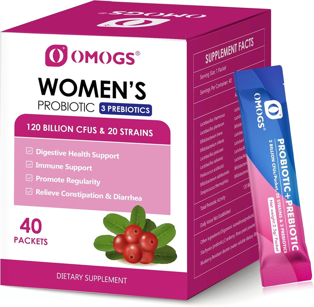 OMOGS Women's Probiotic,120-Billion-CFUs, 18 Strains, with 3 Prebiotics and Cranberry Extract, Help for Immune Booster, Digestive Health, Gut Health and Vaginal Health