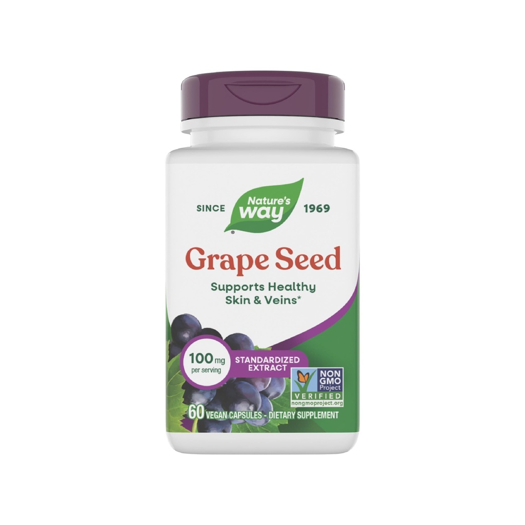 Nature's Way Grape Seed Standardized Extract、健康な皮膚と静脈をサポート*、抗酸化剤サポート*、非GMOプロジェクト検証、60ビーガンカプセル(5月Varyのパッケージング)