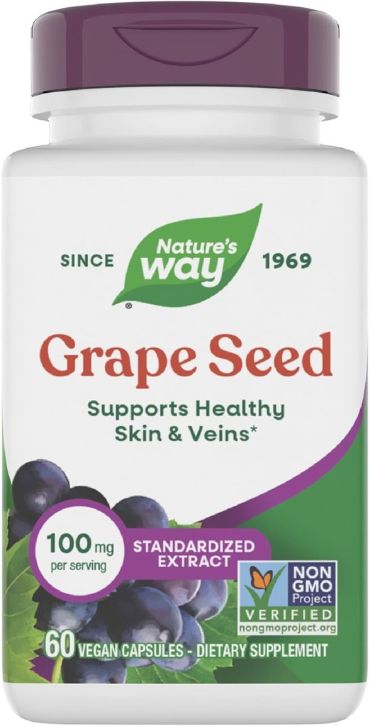 Nature's Way Grape Seed Standardized Extract、健康な皮膚と静脈をサポート*、抗酸化剤サポート*、非GMOプロジェクト検証、60ビーガンカプセル(5月Varyのパッケージング)