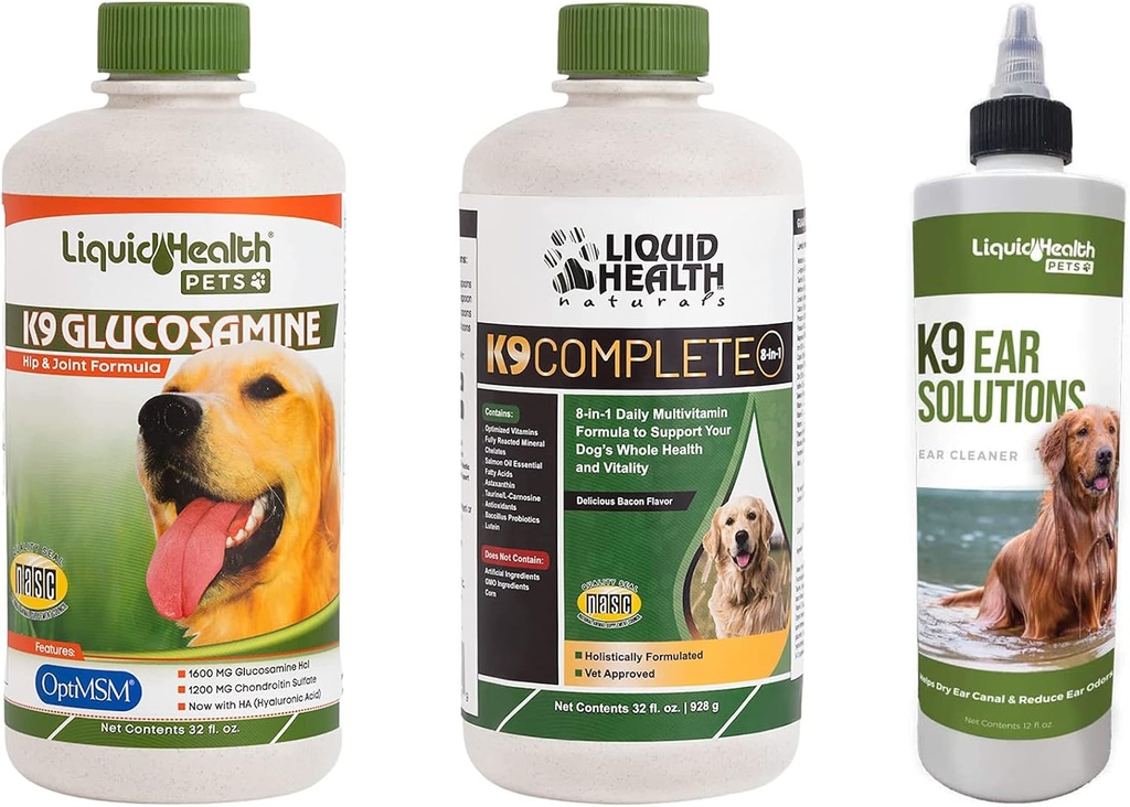 LIQUIDHEALTHペットK9グルコサミンヒップ&ジョイントフォーミュラ、K9イヤーウォッシュクリーニングソリューション、およびK9完全8イン1犬マルチビタミン - 共同健康、モビリティ、免疫サポートのためのペットビタミンバンドル - 米国製