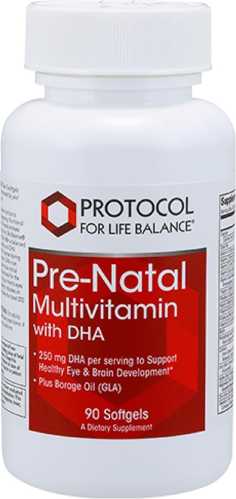 Protocol Pre-Natal Multivitamin with DHA - 250 mg DHA - for Pregnancy & Lactation Support* - with DHA, Calcium, Copper, B12 & Vitamin C - Halal & Dairy Free - 90 Softgels