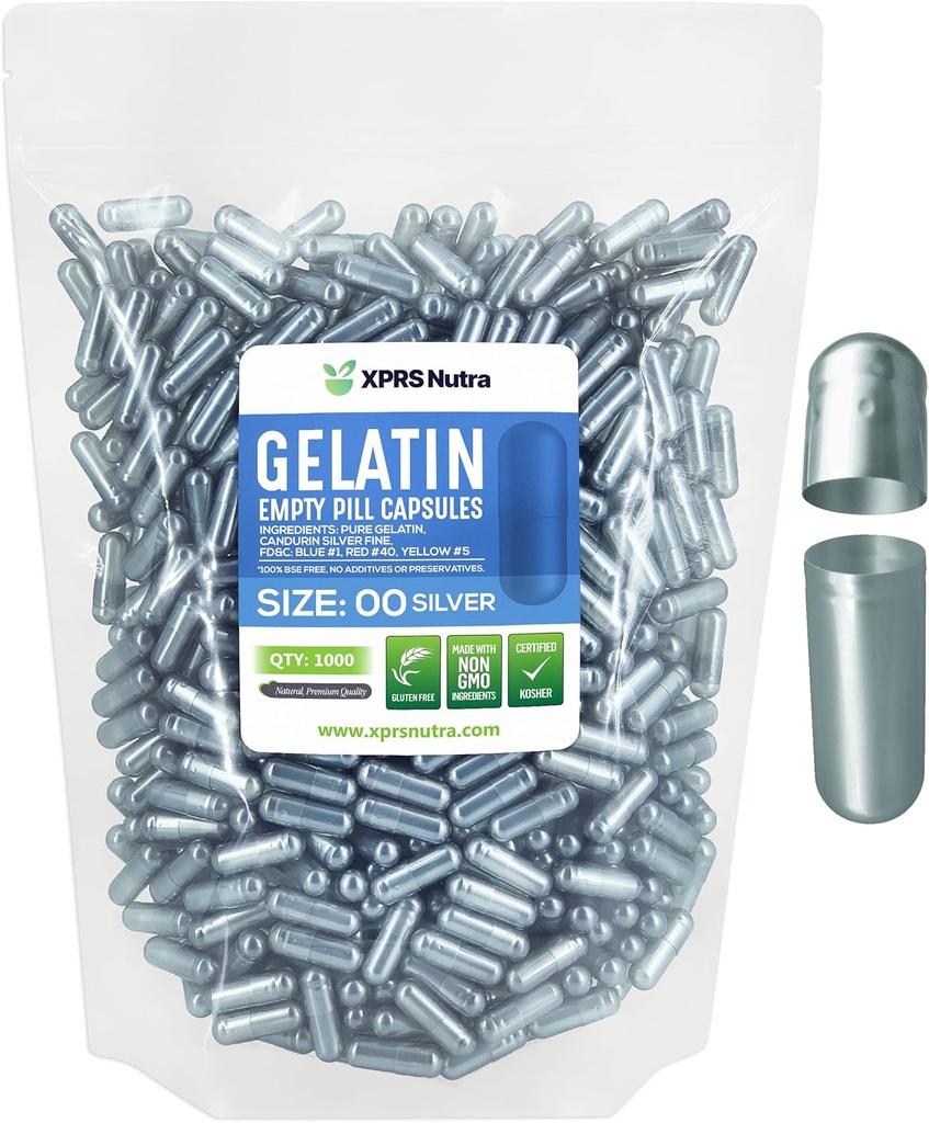 XPRSのNutraのサイズ00の空のカプセル- 1000の計算の空のゼラチンのカプセル-Pill DIYのカプセルの詰物-DIYの補足のための満たされた丸薬のゲルの帽子(銀)
