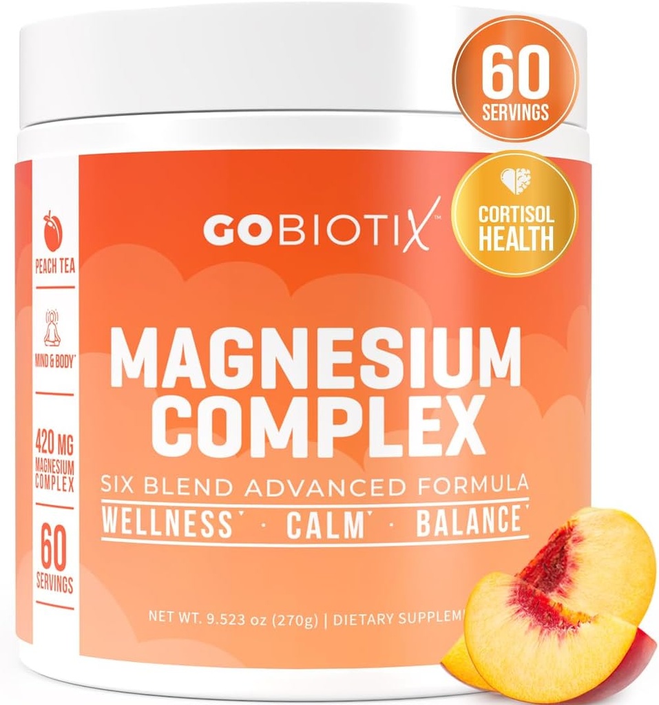 GoBiotix Magnesium Glycinate Powder – Cortisol Supplements for Women and Men – High Absorption Magnesium Complex Calm Supplement with Citrate, Malate – Sugar Free – 420 mg, 60 Servings - Peach Tea