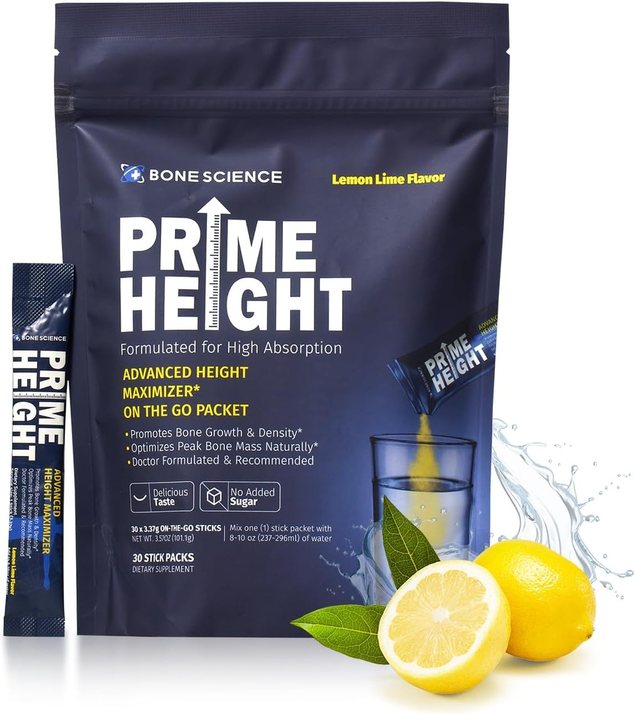 BONE SCIENCE - Prime Height Mutivitamin Powder - Height Development Drink Mix for Kids & Teens, Bone & Immune Support, Sugar-Free Lemon Lime Flavor, 30 Sticks