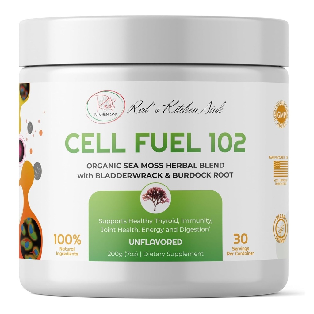 レッドズ・キッチン・シンク・セル・フューエル102 – オーガニック・シー・モスパウダー with Bladderwrack & Burdock Root | Dr. Sebi Inspired Herbal Blend | ヴィーガン, ナチュラル, 30 サービング (7oz)