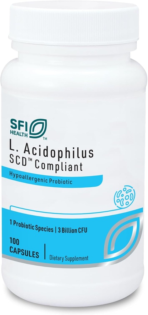 Klaire Labs SFI Health L. Acidophilus - 3 Billion CFU Lactobacillus Probiotic, Pure SCD Compliant Formula for Men & Women, Hypoallergenic & Non-Dairy (100 Capsules)