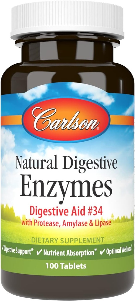 Carlson - Natural Digestive Enzymes, Digestive Aid #34 with Protease, Amylase & Lipase, Digestive Support, Nutrient Absorption & Optimal Wellness, 100 Tablets