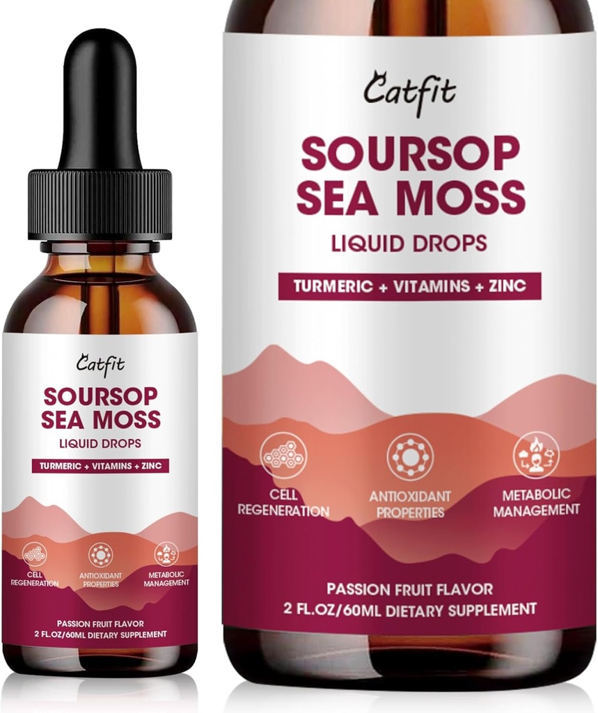 Soursop Graviolaの液体の低下-Sea Mosss、Turmeric及びビタミンB6 Cの亜鉛が付いているSoursopのビターの液体の低下、細胞サポート、酸化防止、弛緩及び免疫のブースト、情熱のフルーツの味、2 Fl Oz