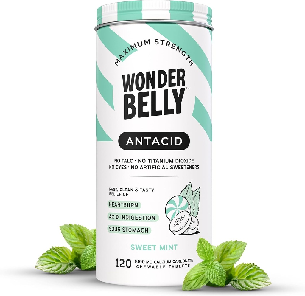 Wonderbelly のアントエード、有効な胸当ておよび即刻の酸の消化の救助、余分強さのChewableタブレット、1000のmg Calciumの炭酸塩無し、Talcか染料、甘いミント、120の計算