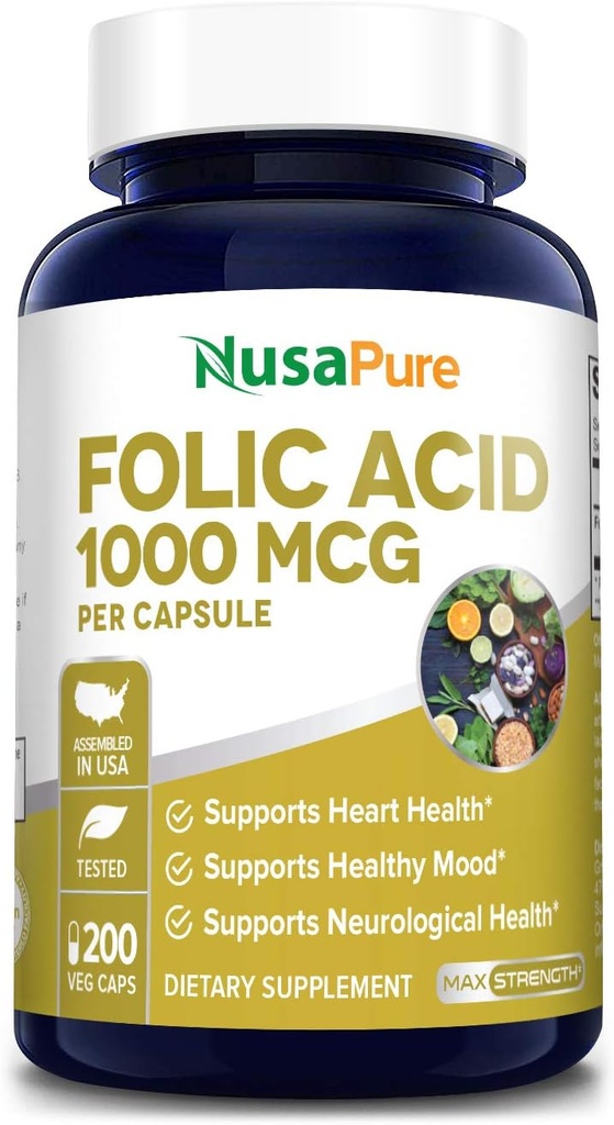 NusaPureの葉酸1000mcg 200の野菜の帽子(非GMO、ベジタリアン、グルテンフリー)