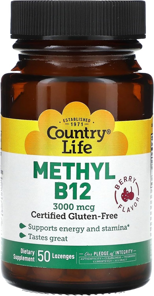 カントリーライフ - 優れたB-12、ベリー風味、3000 mcg - 50サブリンガルロゼンジ