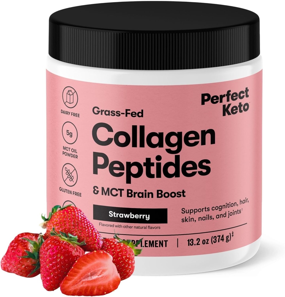 Perfect Keto Collagen Peptides Protein Powder with MCT Oil, Hydrolyzed Collagen, Type I & III Supplement, Gluten Free Grass Fed, Low Carb, Keto Coffee Creamer, Collagen for Women & Men, Strawberry