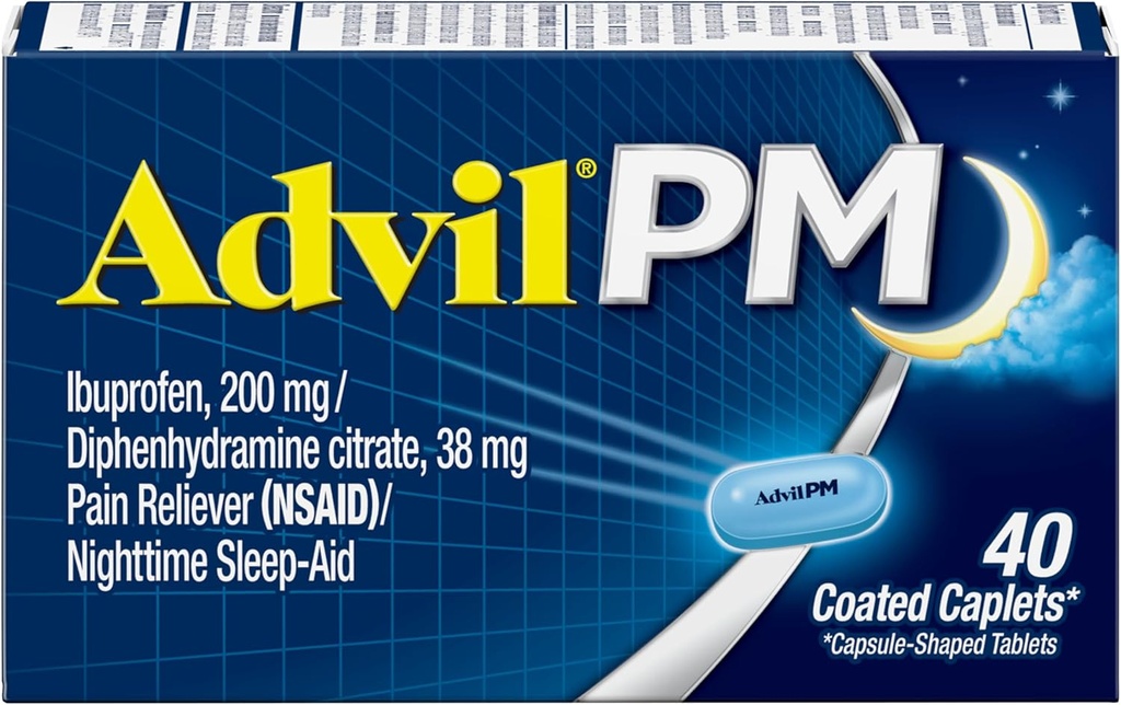 Advil PMの痛みのRelieverおよび夜間の睡眠の援助、痛みの軽減のためのIbuprofenの痛みの薬および睡眠の援助のためのDiphenhydramineのクエン酸塩- 40の上塗を施してある小冊子