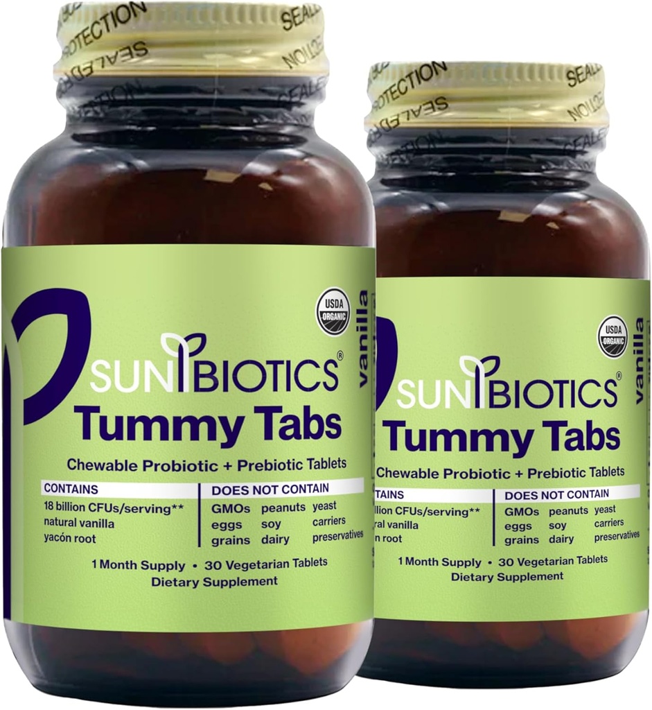 SUNBIOTICS Tummy Tabs - グッドグットフローラ、免疫システム、バランスの取れたマイクロビオムのための4プロバイオティックストレインの18ビリオンCFUとChewable ProbioticとPrebioticタブレット - バニラ、(パッケージ2)