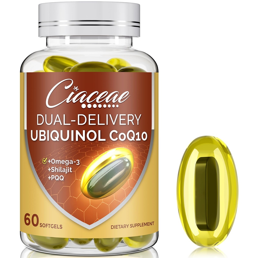 Ubiquinol CoQ10 600 MG Softgels with Omega-3 & Shilajit & PQQ, アドバンスト・デュアル・デリバリー・コエンザイムQ10, 活性CoQ10 Ubiquinolサプリメント 豊饒, 抗酸化, 心臓, 脳 & エネルギー, 60 サービング