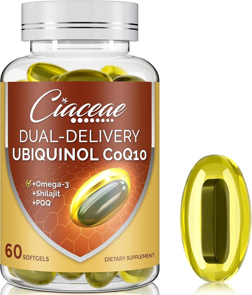 Ubiquinol CoQ10 600 MG Softgels with Omega-3 & Shilajit & PQQ, アドバンスト・デュアル・デリバリー・コエンザイムQ10, 活性CoQ10 Ubiquinolサプリメント 豊饒, 抗酸化, 心臓, 脳 & エネルギー, 60 サービング