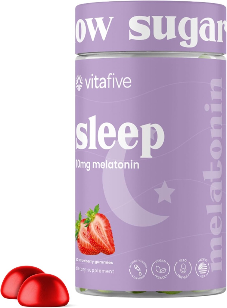 vitafiveの余分強さのMelatoninのグミ、10のmgのMelatoninの大人のための睡眠の援助、低砂糖、ビーガン、グルテンフリーのMelatoninの補足(50 Ct)