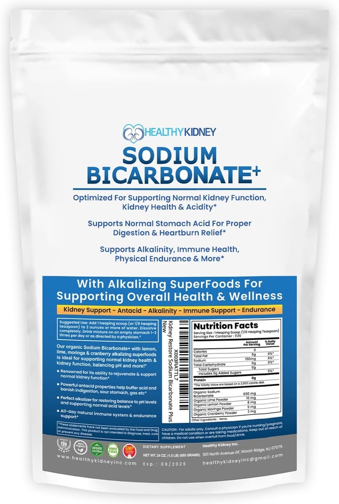 Organic Use Sodium Bicarbonate Alkaline Supplement for Alkalinity. Support Kidney & Stomach Acid Neutralizer w/Alkaline Superfoods. Sodium Bicarbonate Powder Kidney Immune Support Antacid Sport 1.5LB