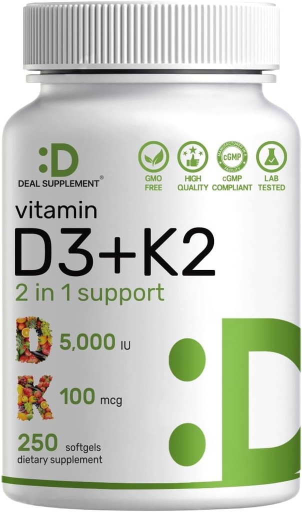 DEAL SUPPLEMENT ビタミン D3 5,000 IU + K2 MK7 Softgels, 250 カウント | 2-in-1 複合体 | 心、骨、歯、免疫の健康をサポート* | 飲みやすい
