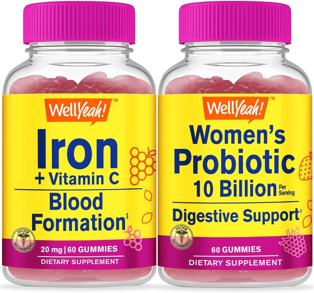 WellYeah Iron+Vitamin C + Probiotics Women 10B CFU、Gummies Bundle - Great Tasting、ビタミンサプリメント、グルテンフリー、GMO無料、Chewable Gummy