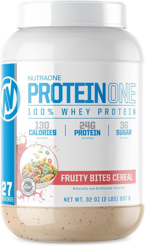 NutraOne ProteinOne Whey Proteinは、回復を促進し、男性と女性のためのプロテインシェイクパウダーで筋肉を構築します(Fruity Bites Cereal - 2ポンド)。