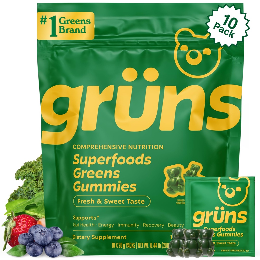 Gruns 大人スーパーグリーングミ - スーパーフードグミイラとスピリナ、クロレラ&消化の健康のためのプレバイオティクス - 適応物質は20ビタミンとミネラル、低砂糖 - 2週間の供給を補います