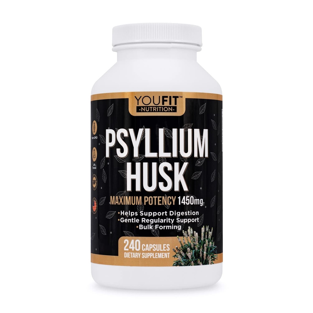 PSYLLIUMハスクカプセル - プレミアムピシリウム繊維サプリメント - 腸の健康と規則性を促進 - 100%天然溶性繊維1450mg/サービング - 240カプセル