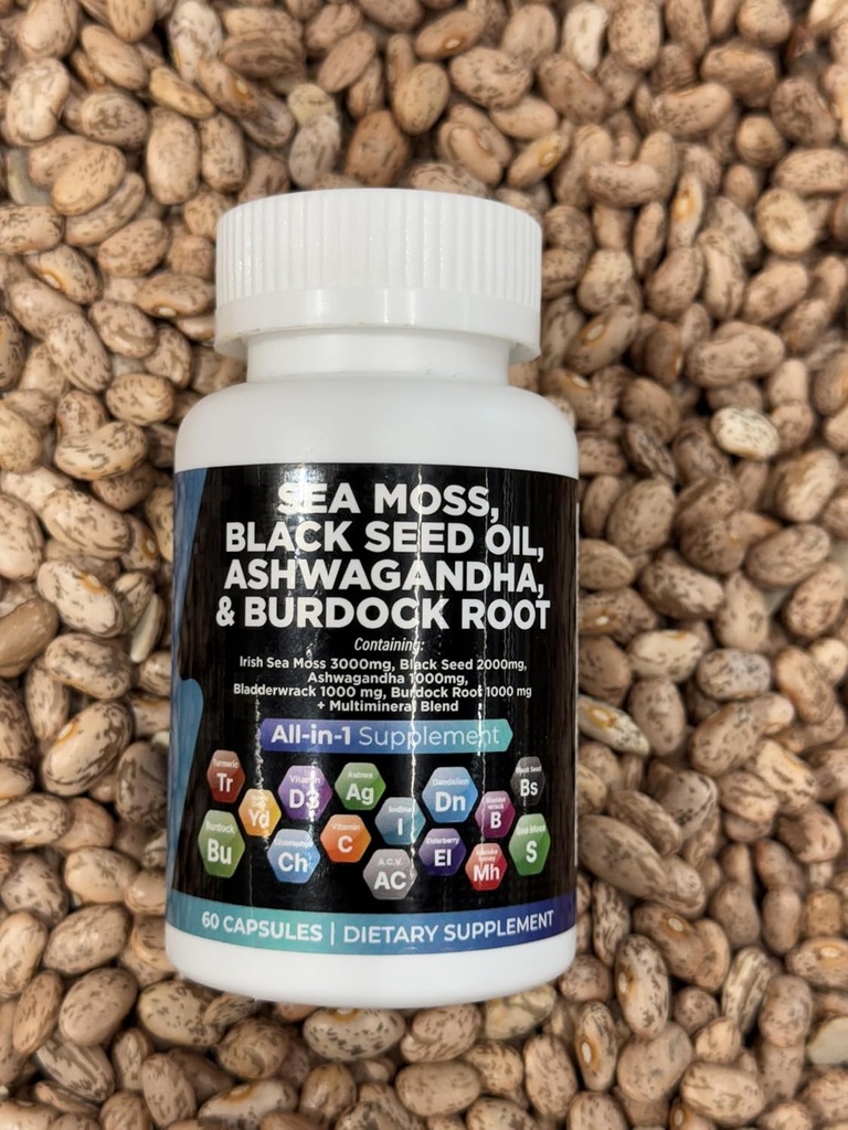 Sea Moss, Black Seed Oil, Ashwagandha, Burdock Root Supplement, 60 Capsules