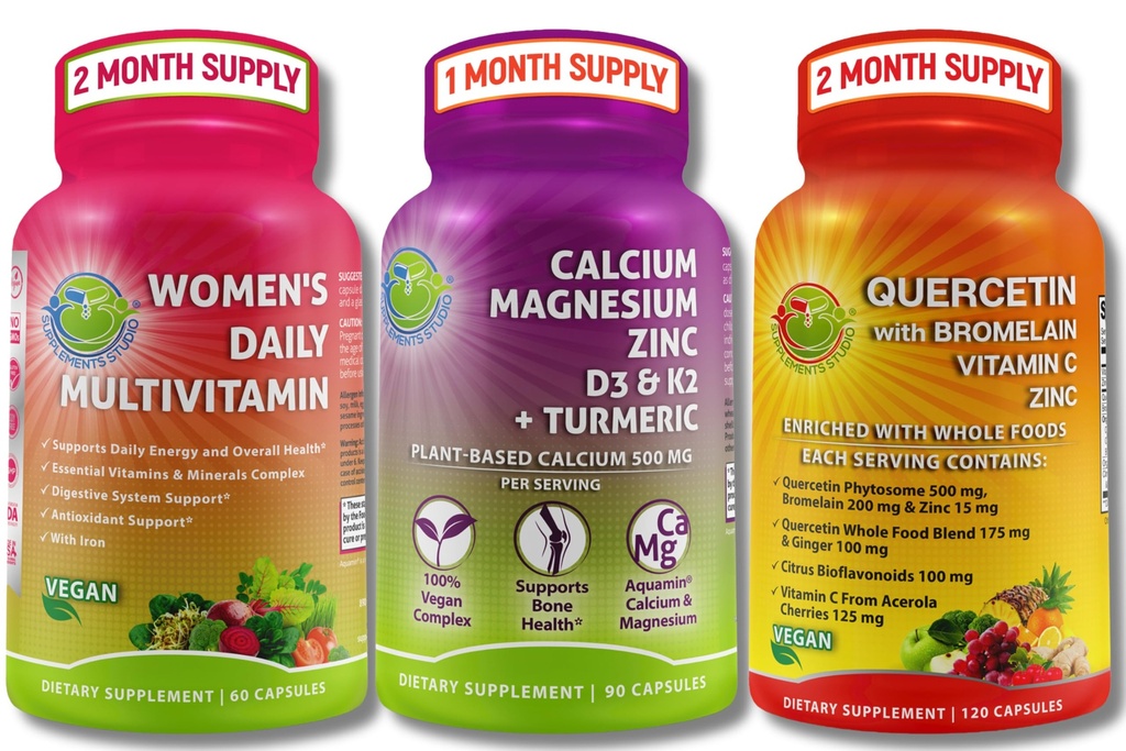 植物ベースの免疫、骨及びエネルギー サポート バンドル - Bromelain、ビタミンC及び亜鉛+ D3、K2及びTurmeric +の女性のMultivitaminが付いているカルシウム マグネシウムが付いているケルセチン及び有機性スーパーフード