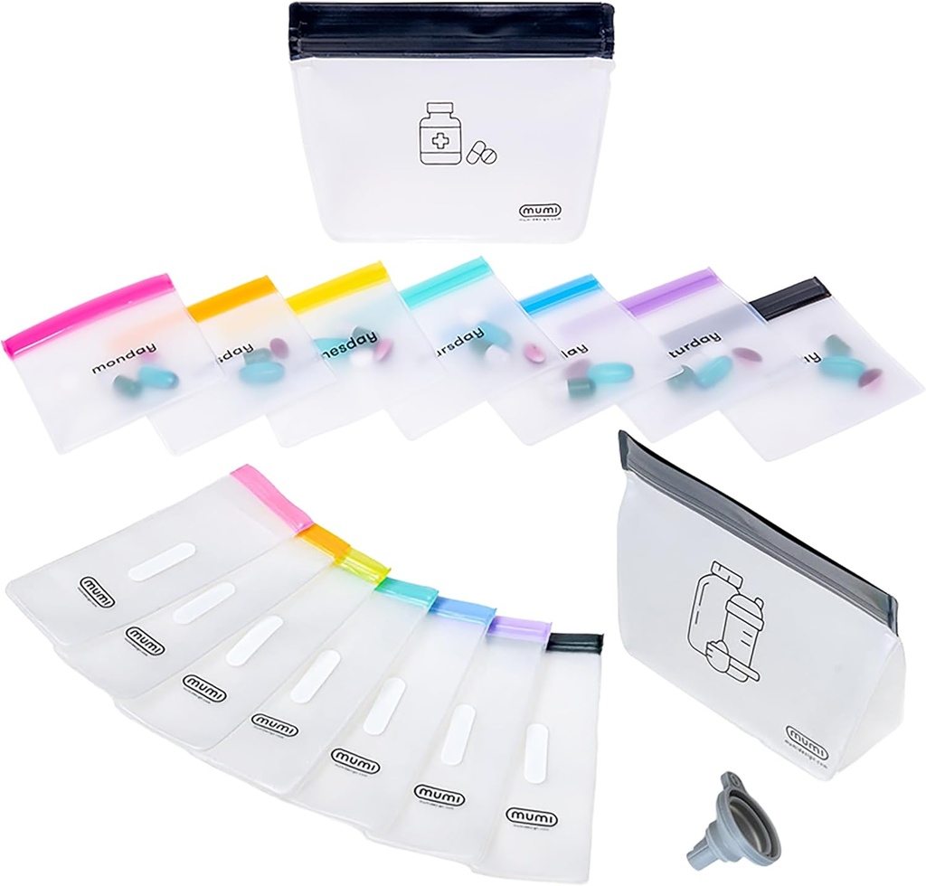 MUMI究極のウェルネスバンドル - ピルポーチセットとシングルドースキット - 7pcミニピルバッグ1大型ジッパーポーチと7pcパウダーサプリメントパック1大型ジッパーポーチ付き