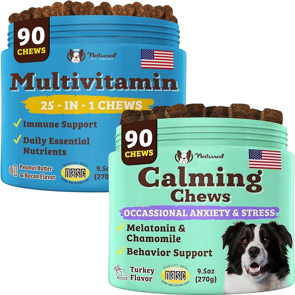 自然な犬の会社Multivitaminおよび Calmingの補足の束、犬のための毎日の栄養素および不安の救助、サポート共同健康、皮及びコート、騒音及び旅行、必須のビタミンからの圧力を減らして下さい