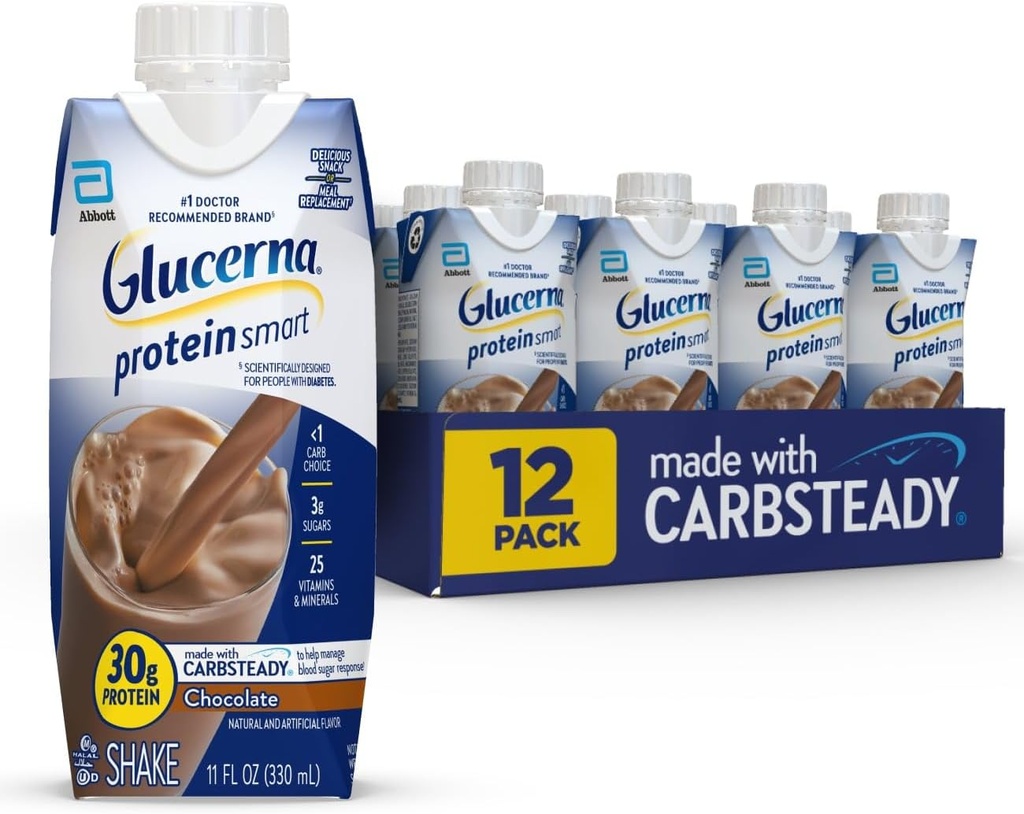 Glucerna Protein Smart Diabetes Care Shake, Chocolate, Diabetic Meal Replacement to Support Blood Sugar Management, 30g Protein, 150 Calories, Ready to Drink, 11-fl-oz Bottle, 12 Pack