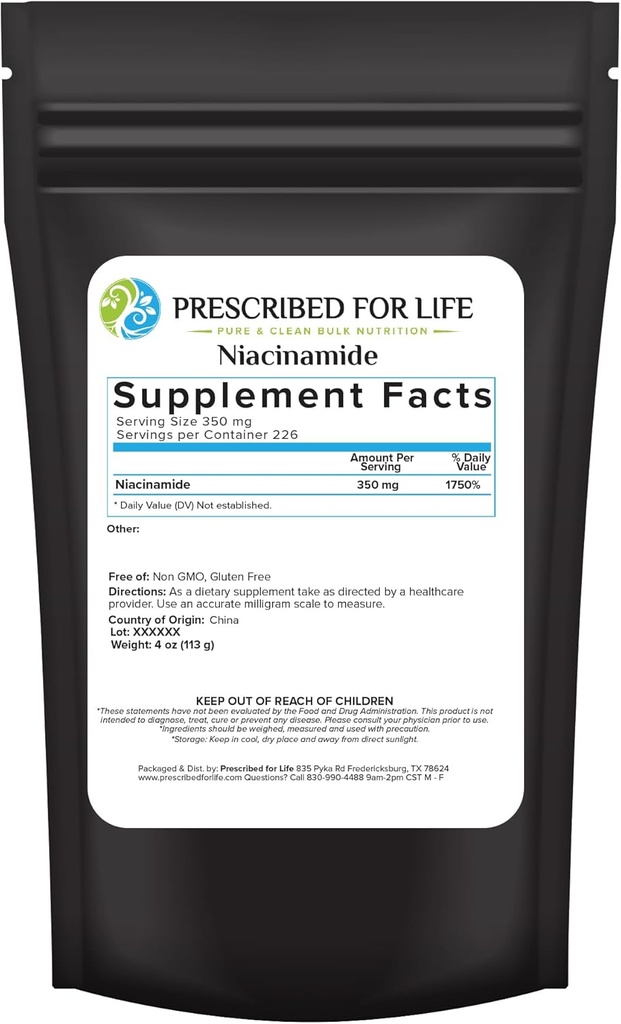 Prescribed For Life Niacinamide Powder (B-C), Fine Granular USP Grade Vitamin B3 Powder, Natural Nicotinamide Supplement, Gluten Free, Non GMO, Vegan, Niacinamida Pura (4oz / 113g)