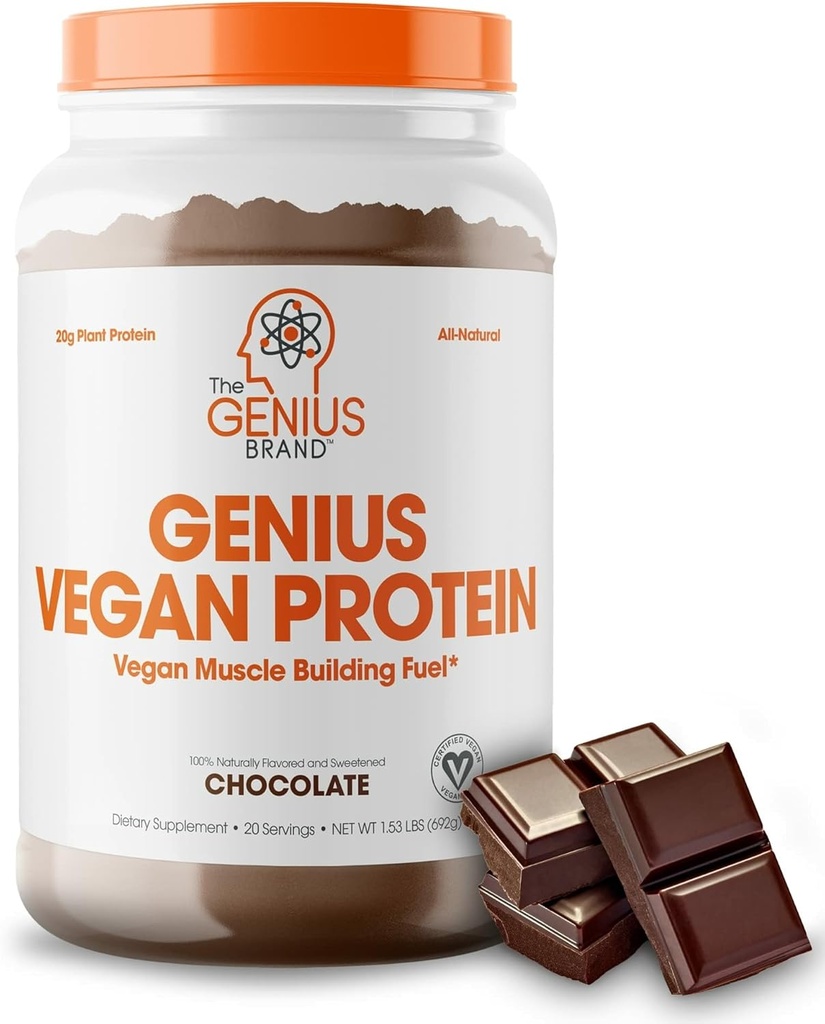 Geniusビーガンプロテインパウダー、チョコレート - 男性と女性のための植物ベースのリーンマッスルビルディングシェイク - エンドウ豆&カボチャプロテインソース - 自然に風味付け&甘味付け - 乳製品&乳製品無料