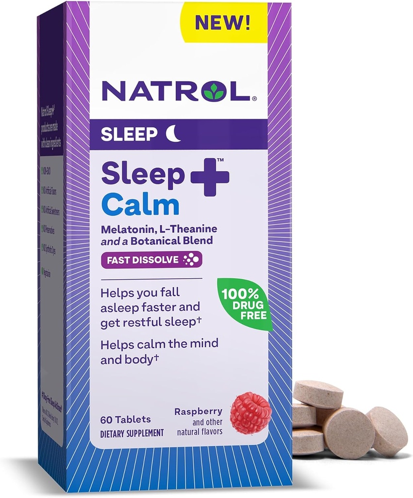 Natrol 睡眠 + L テアニン 50 mg と植物のブレンドとカルム メラトニン 6 mg, 残りの眠りと体のための栄養補助食品, 60 ラズベリー風味高速分解錠, 60 日の供給