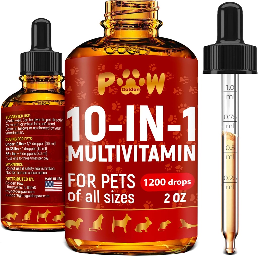 Cat Multivitamin – Vitamins B, C, and D3 in Liquid Form – 10 in 1 Dog Vitamins and Supplements to Help with Allergies & UTIs – Cat Vitamins for Skin & Coat Care – Glucosamine for HIPS & Joints – 2 Oz