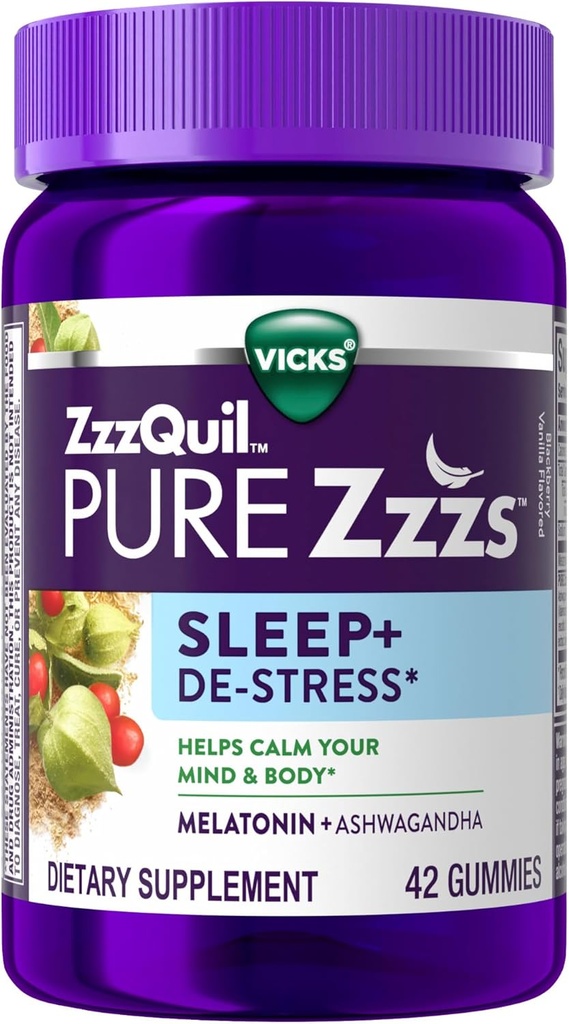 ZzzQuil PURE Zzzs De-Stress Melatonin Sleep Aid Gummies、Calm Your mind and Body、Ashwagandha for Stress Support、Sleeping Aids for Adult、1 ガミーあたり mg、42 カウント