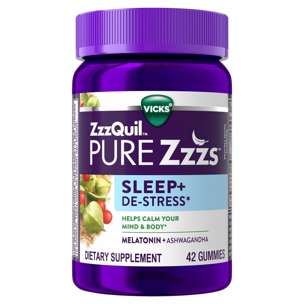 ZzzQuil PURE Zzzs De-Stress Melatonin Sleep Aid Gummies、Calm Your mind and Body、Ashwagandha for Stress Support、Sleeping Aids for Adult、1 ガミーあたり mg、42 カウント