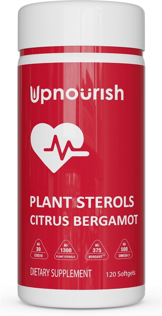 UpNourish Plant Sterols Citrus Bergamot Supplement with CoQ10, Omega 3, Olive Leaf, Turmeric Curcumin, Black Garlic and Niacin - 120 Softgels